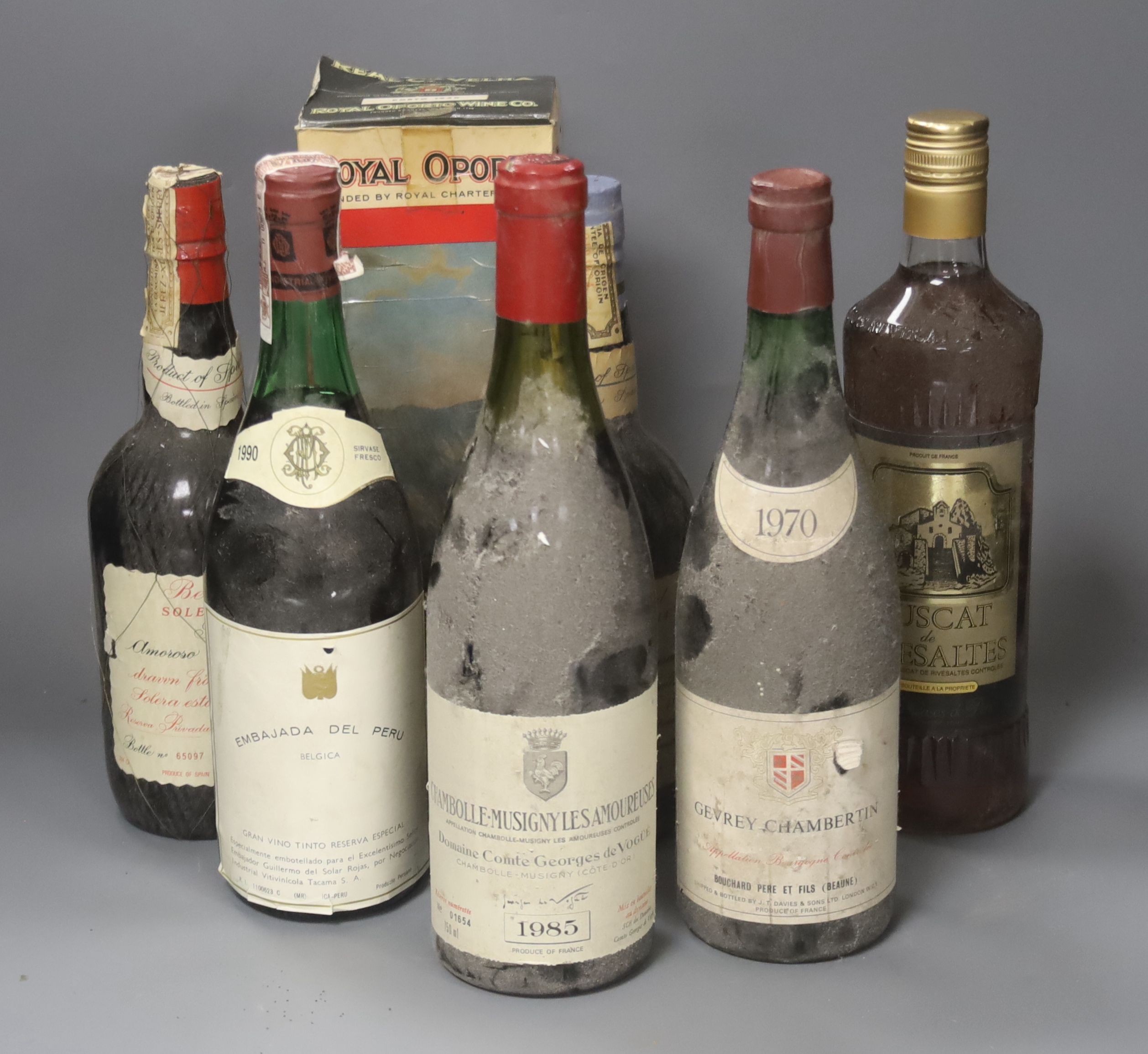Assorted wines etc. including Chambolle Musigny Les Amoureuses, 1985, one Gevrey Chambertin, 1970, one Manzanilla Pasada Solera, one Amoroso Cream Sherry, one Embajada Del Peru, 1990, one Muscat de Rivesaltes and one box